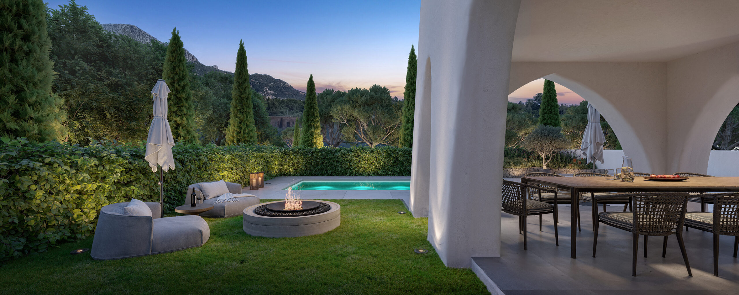 Il giardino privato circonda la villa e invita a immaginare la vita all’aperto: una piscina per i pomeriggi estivi, un barbecue al tramonto, cene sotto la veranda mentre il cielo si tinge di rosa.